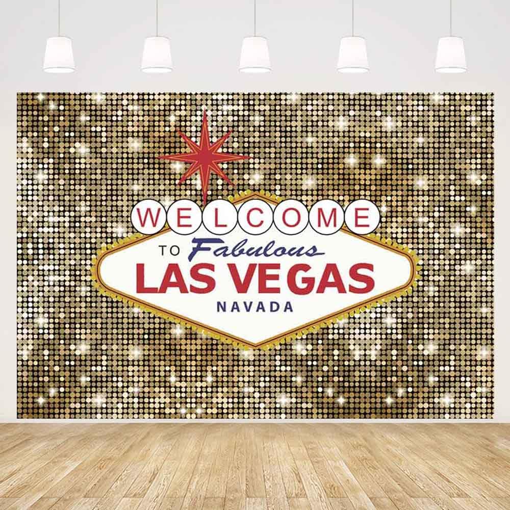 MEHOFOND 8x6ft Welcome to Las Vegas Party Background Fabulous Casino Poker Vintage Gold Round Sequin Photography Backdrop Photo Shoot Decor Banner Portrait Photo Booth Props Supplies