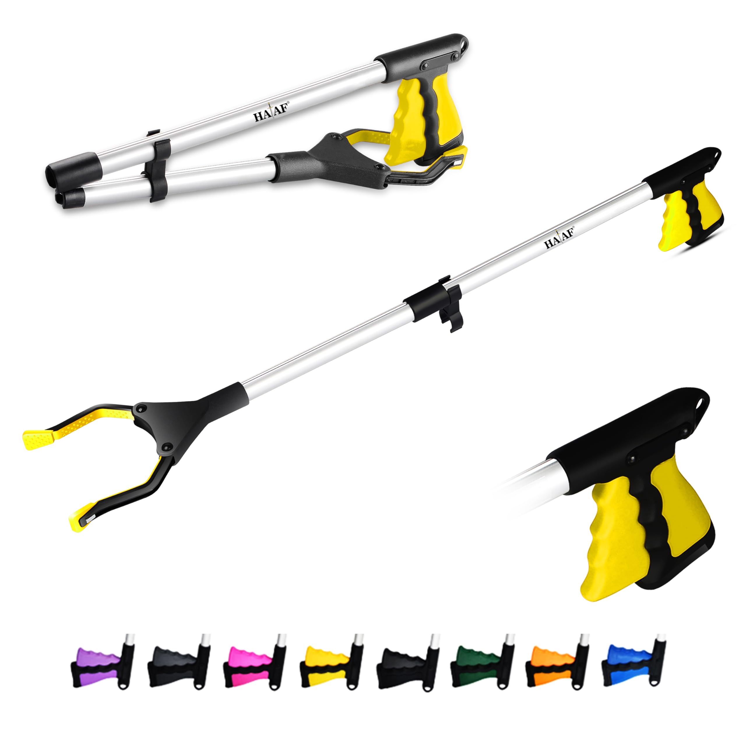 HATAF® 32inches Litter Pickers for Adults, Grabber Stick, Helping Hand Grabbers for Disabled, Foldable Litter Pickers for Children Rotating Head 360 Degree Reaching Aids (32" Yellow)
