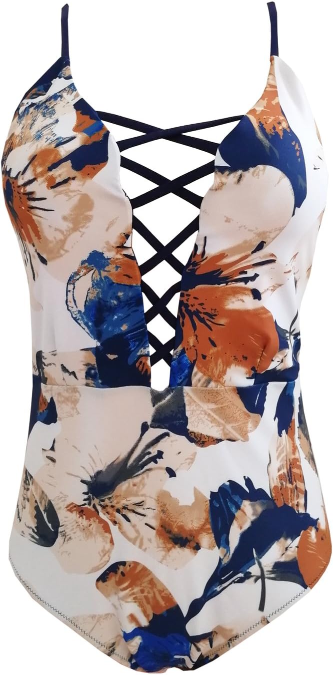 dilinte One Piece Swimwear Front Strappy Cross Women's Swimsuit Floral Print Bathing Suit (XL, Print #22)