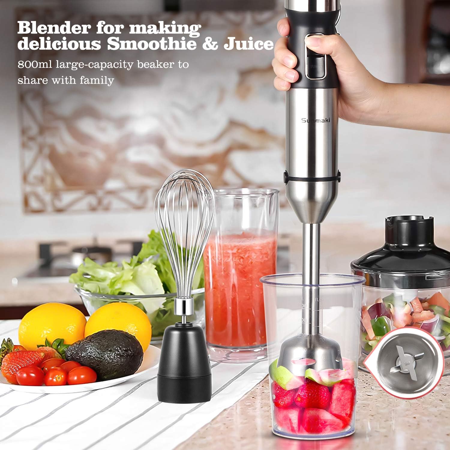 Sunmaki 4 in 1 Hand Blender multi function, Immersion blender, Speed Adjustable Stainless Steel Stick, Egg Whisk, Baby Food/Juice/Smoothies Maker, Minced meat, 500ml Food Chopper, 800ml Container: Kitchen & Dining