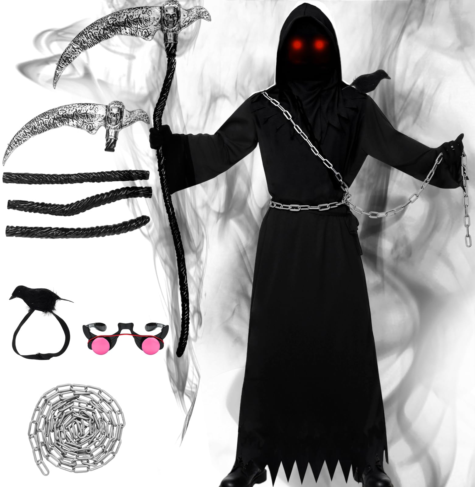 HarnyLoom Grim Reaper Costume Kids Adults, Scary Scythe Grim Reaper Halloween Cloak Outfit Fancy Dress Boys Girls Women Men with Sythe Chain Grim Halloween Cape Robe (Adult, XL(175-185))