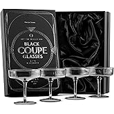 GLASSIQUE CADEAU Vintage Art Deco Smoke Black Coupe Glasses | Set of 4 | 7 oz Ribbed Cocktail Glassware for Drinking Champagne, Martini, Cosmopolitan, Manhattan | Crystal Speakeasy Saucers
