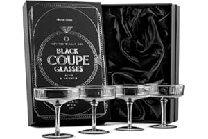 Vintage Art Deco Smoke Black Coupe Glasses | Set of 4 | 7 oz Ribbed Cocktail Glassware for Drinking Champagne, Martini, Cosmo