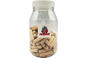 Rhino Wood Industries - 3/8" x 1 1/2" - 100 Pack Wooden Dowel Pins in Plastic Jar - Kiln Dried, Fluted, and Beveled (3/8" x 1 1/2", 100pk, Jar)
