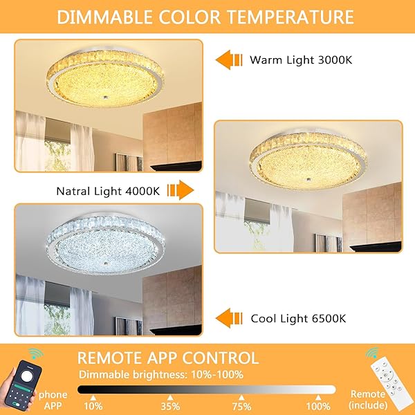 AFQEJG 19.6″ MODERN CRYSTAL CHANDELIER DIMMABLE LED FLUSH MOUNT CEILING LIGHT WITH REMOTE CONTROL FOR LIVING ROOM DINING ROOM BEDROOM HALLWAY FOYER SILVER