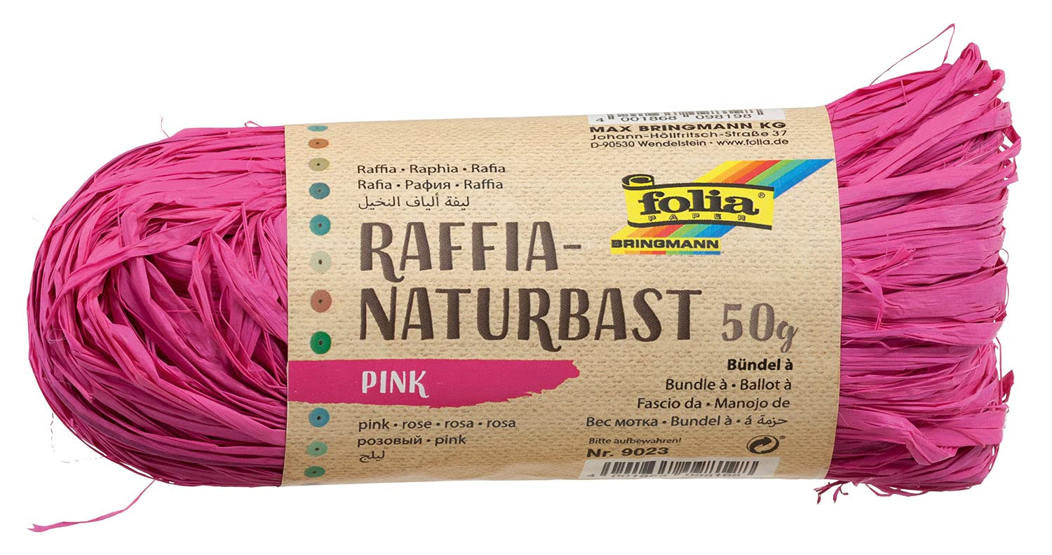folia 9023 Raffia Natural Raffia Pink, 1 Bundle of 50 g, Natural Straw Mix Cord, Ideal for Crafts, Decoration or for Arrangements, Bouquets and Other Floristry Work