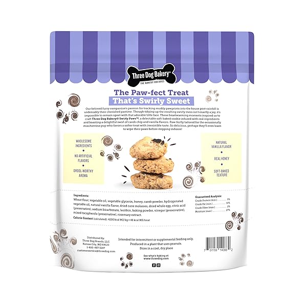 THREE DOG BAKERY SWIRLY PAWS, SOFT-BAKED PUPPY TRAINING TREATS WITH CAROB CHIP & VANILLA, BISCUITS FOR DOGS