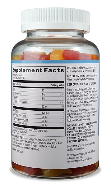 AMAZON BASICS FISH OIL 303 MG, LEMON, ORANGE & STRAWBERRY-BANANA FLAVORS, 90 GUMMIES (2 PER SERVING), EPA AND DHA OMEGA-3 FATTY ACIDS (PREVIOUSLY SOLIMO)