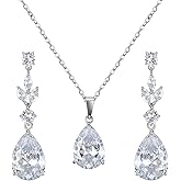 SWEETV Teardrop Wedding Jewelry Sets for Women Brides Bridesmaids, Crystal Bridal Necklace Drop Earrings Set,Prom Costume Bridal Wedding Jewelry, Silver