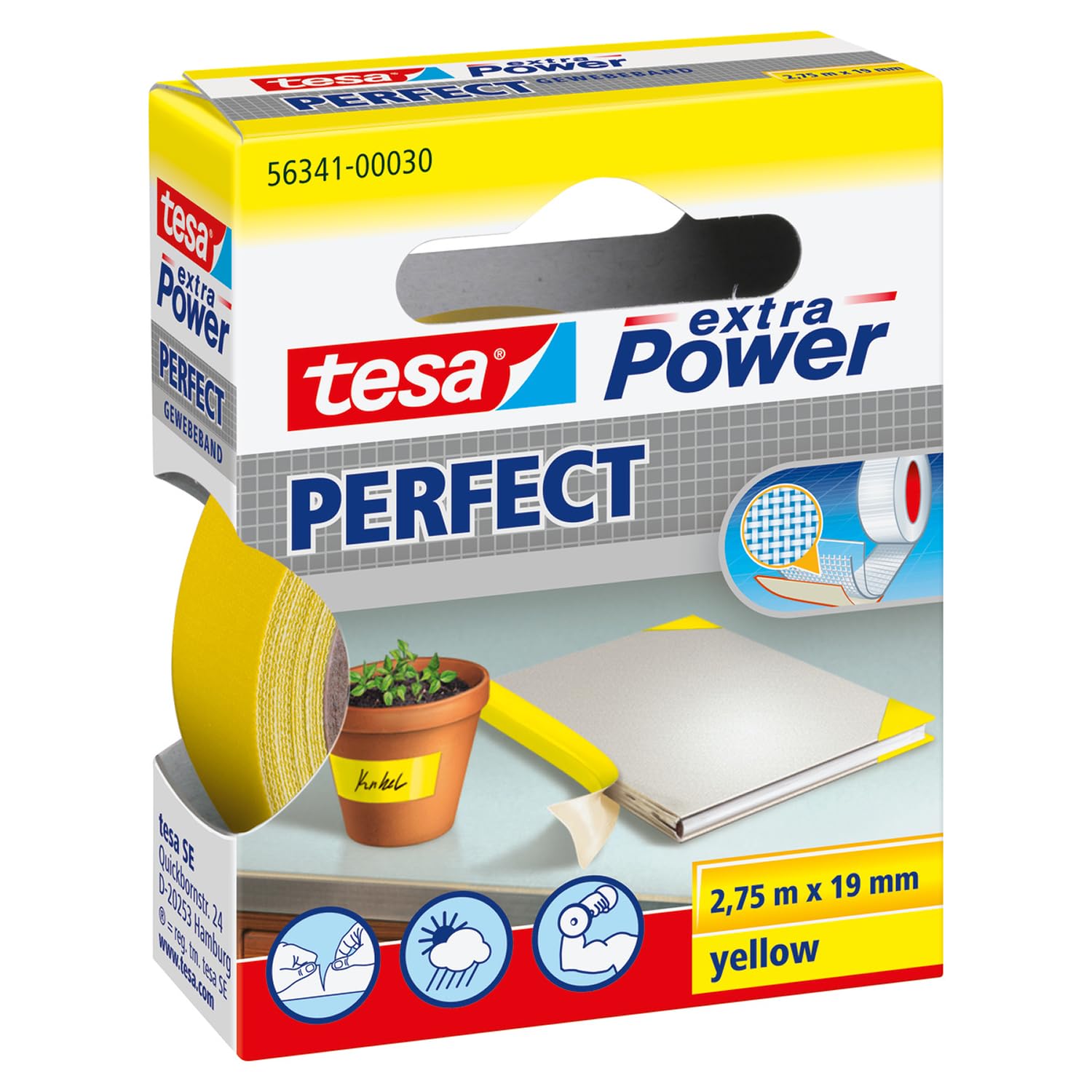tesa extra Power Perfect Cloth Tape - Fabric-Reinforced Repairing Tape for Crafting, Repairing, Fastening, Reinforcing and Labelling - Yellow - 2.75 m x 19 mm