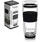 Tupkee Double Wall Glass Tumbler - 14-Ounce, All Glass Reusable Insulated Tea/Coffee Mug & Lid, Hand Blown Travel Mug - Black