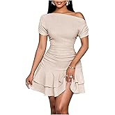 SOLY HUX Women's Off The Shoulder Short Sleeve Ruffle Mini Dress Fit and Flare Prom Party Dresses