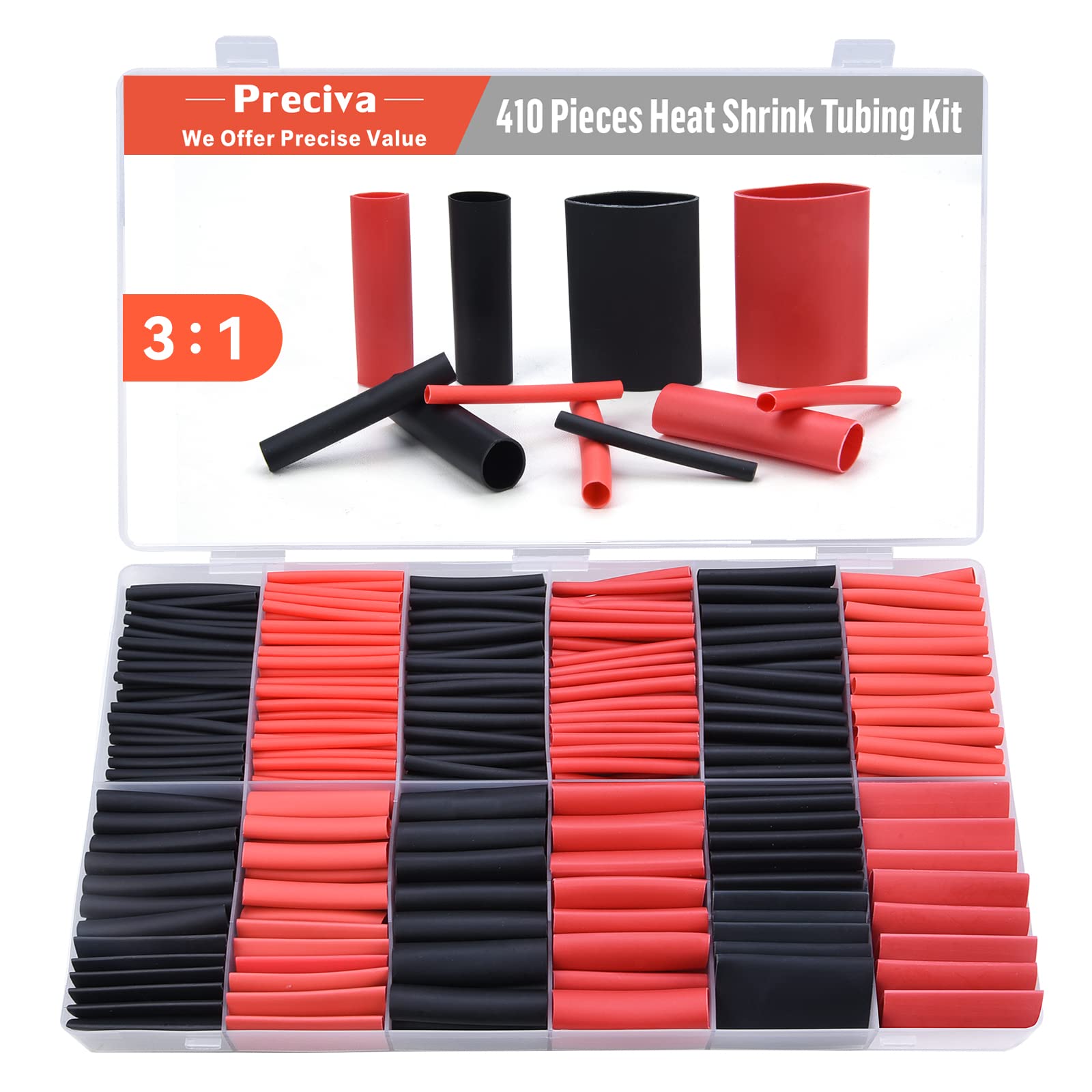 Heat Shrink Tubing Kit, Preciva 410pcs Cable Insulated Sleeving Tubes, Shrink Ratio 3:1, Electric Insulation Heat Shrink Wrap Cable Sleeve, Waterproof Heat Shrink Sleeves, 7 Sizes, 2Colors