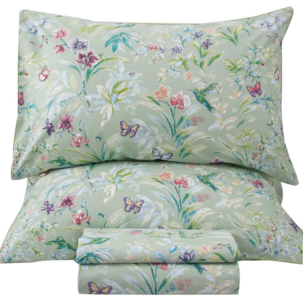 Photo 1 of QSH Green Floral Queen Size Sheet Sets - Green Flower Bird Butterfly Print Botanical Bedding Egyptian Cotton Printed Sheets Queen Size Bed Extra Soft and Breathable 17.5" Deep Pockets Bed Sheets 4pcs