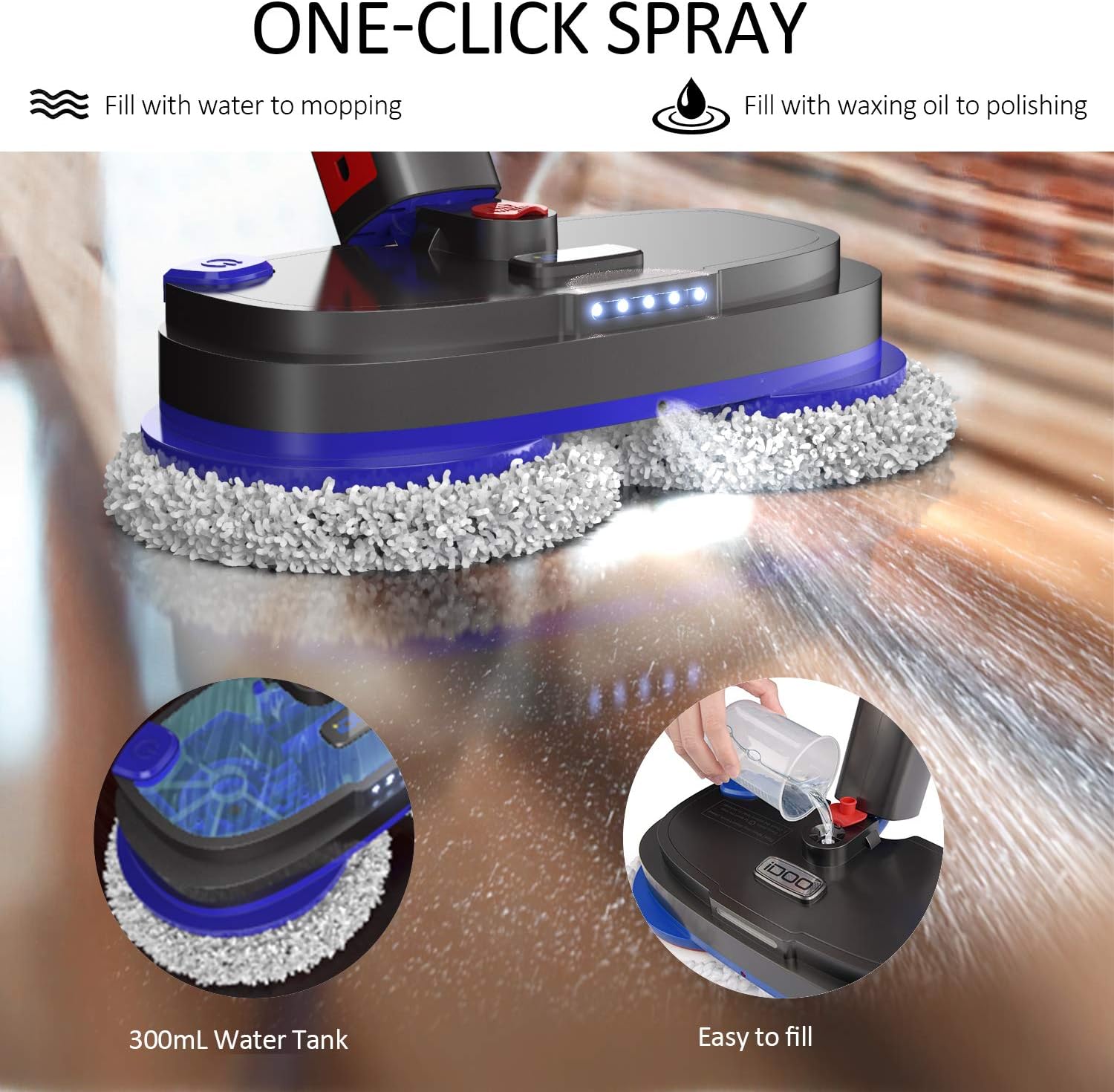 Cordless Electric Spin Mop, Spray Mop for Floor Cleaning with 265R/min Speed, Polisher with Built-in 300ml Water Tank for Hardwood & Tile & Marble & Laminate Floors, Scrubber with LED Headlight: Health & Personal Care