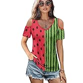 Allinterest Women's Short Sleeve Cold Shoulder Tops Sexy V Neck Summer Casual Graphic Printed Tees