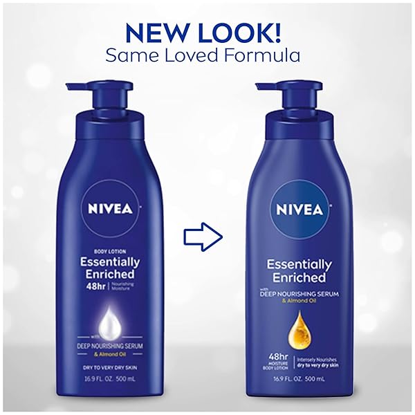 NIVEA ESSENTIALLY ENRICHED BODY LOTION FOR VERY DRY SKIN WITH HYALURONIC ACID, ALMOND OIL AND DEEP NOURISHING SERUM, 72-HOUR BODY MOISTURIZER, 16.9 FL OZ PUMP BOTTLE, PACK OF 2