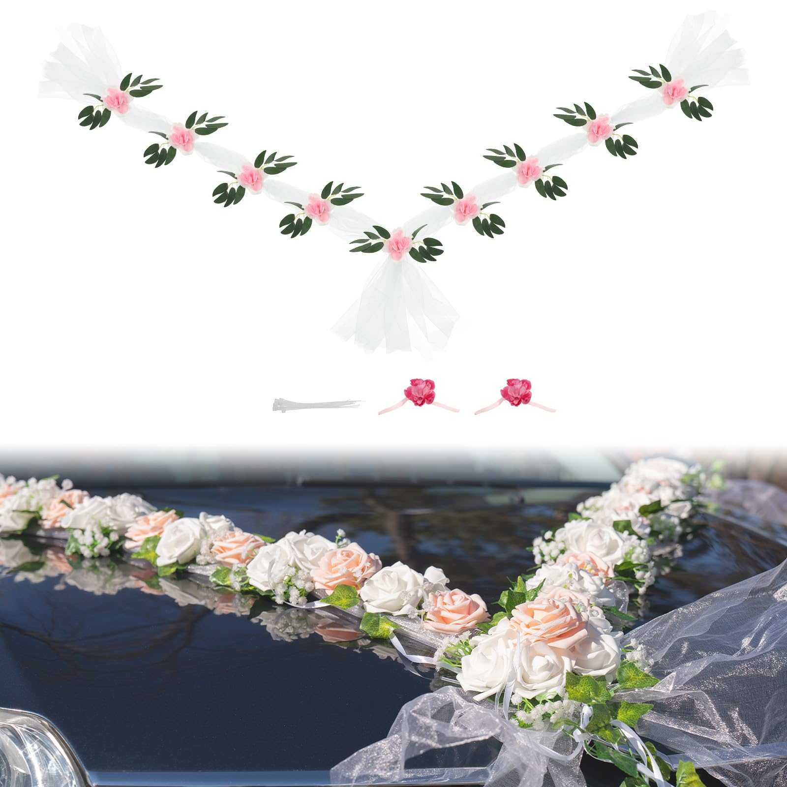 PATIKIL Wedding Car Flower, Artificial Flowers Bouquet Set Wedding Car Decoration for Decoration Handle Ornament Supplies Party, White, Pink