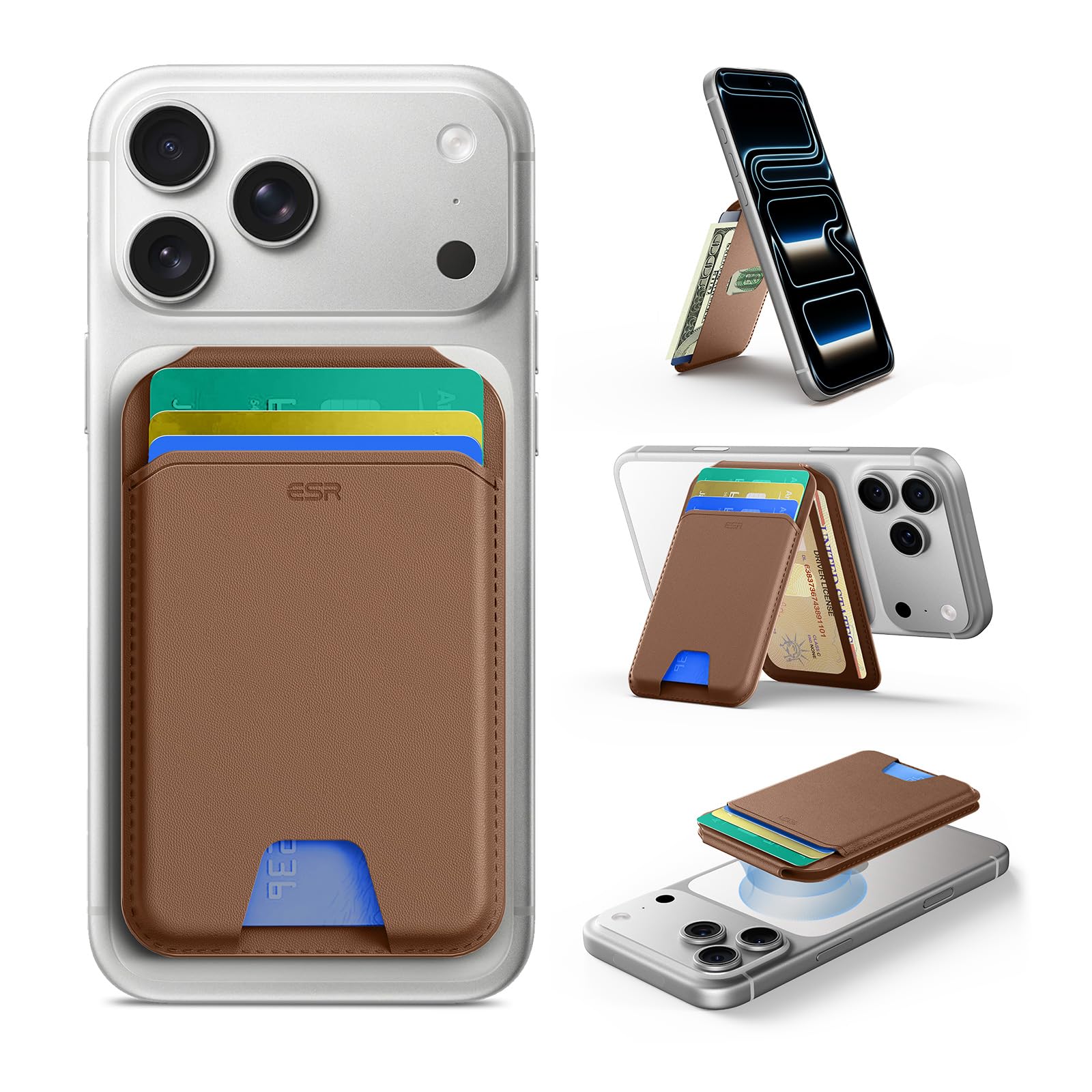 ESR Upgraded for MagSafe Wallet, 5 Card Holder, RFID Blocking, Magnetic Wallet with Adjustable Stand, Slim for iPhone 17e/17/16/15/14/13/12 Series & Google Pixel 10, Not Mini, Vegan Leather, Brown