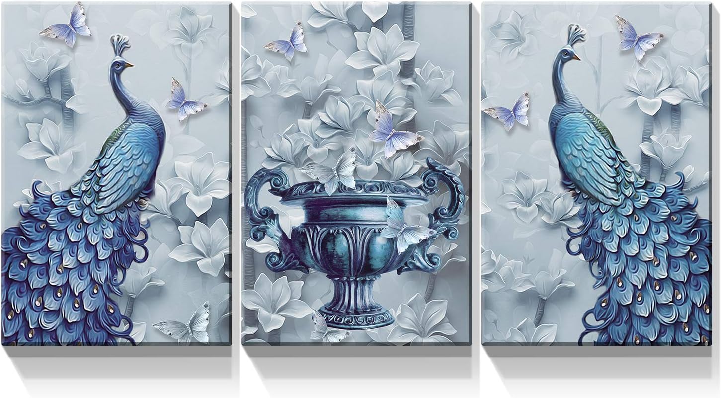 Paintings - Denozer - 3 Panel Peacock Canvas Wall Art Paintings - Peacock Elegant Flower Pictures On Canvas Animal Wall Decor for Living Room Home Decor Stretched and Framed Ready to Hang - 24