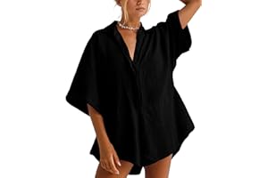 MINSURE Women One Piece Jumpsuit V-Neck Half Button Collared Rompers Short Sleeve Onesie Playsuit Loose Overalls for Summer