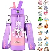Mininoo Insulated Stainless Steel Kids Water Bottle for School with Straw Lid & Strap, 50 Stickers, 18 oz(Purple/Pink)