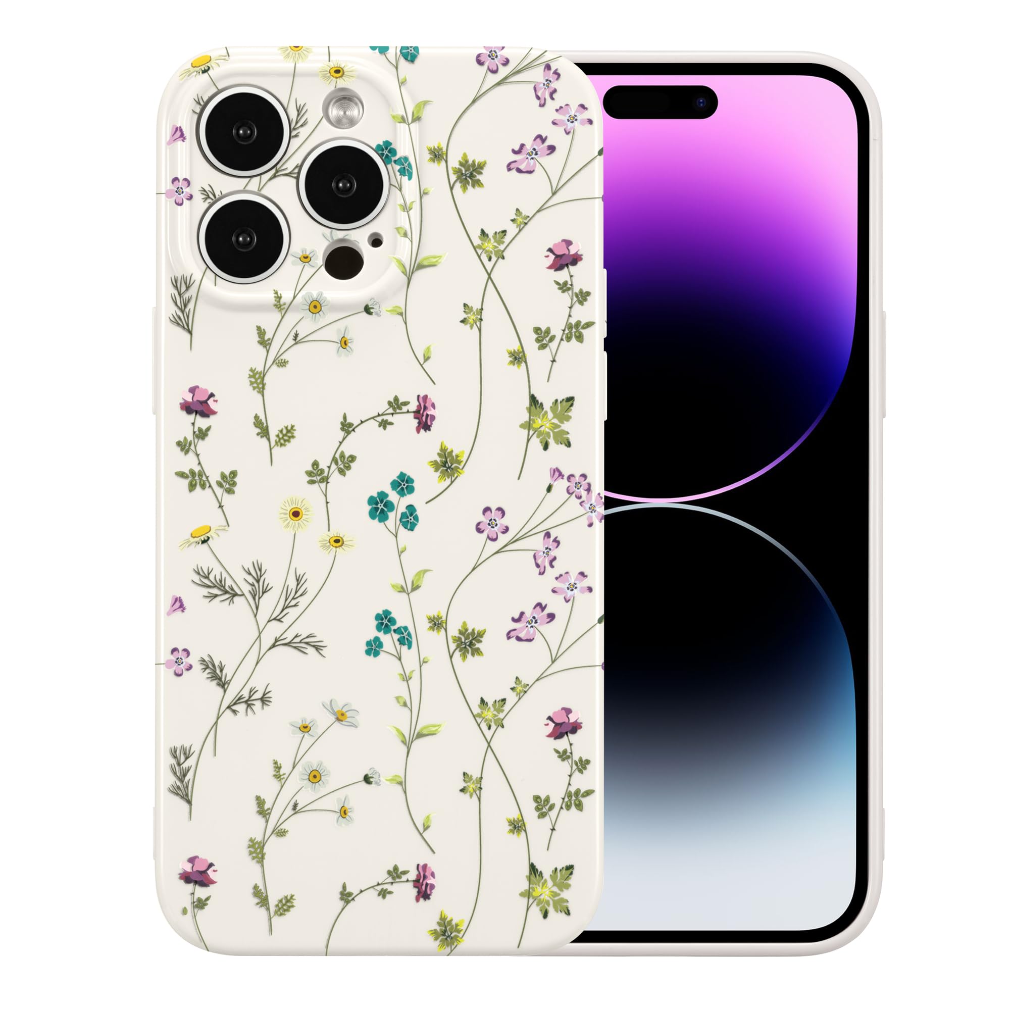 RALEAVO Flower Case for iPhone 14 Pro Max (6.7”), Girls Floral Silicone Shockproof Case Cover with Cute Patterns Protective Case for iPhone 14 Pro Max-Beige — image 1