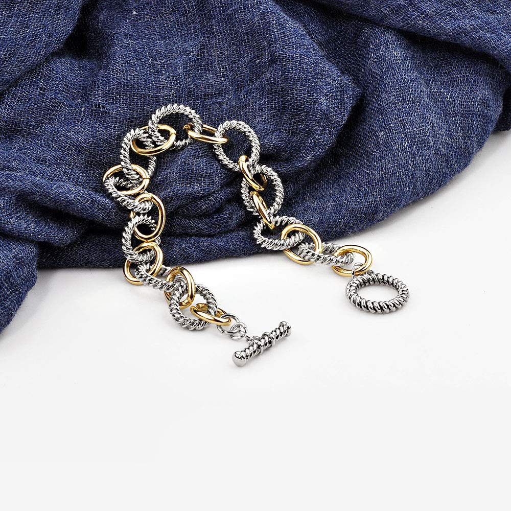 Mytys 2-Tone Circles Chain Bracelet Silver and Gold Cable Wire Bangle Bracelets for Women