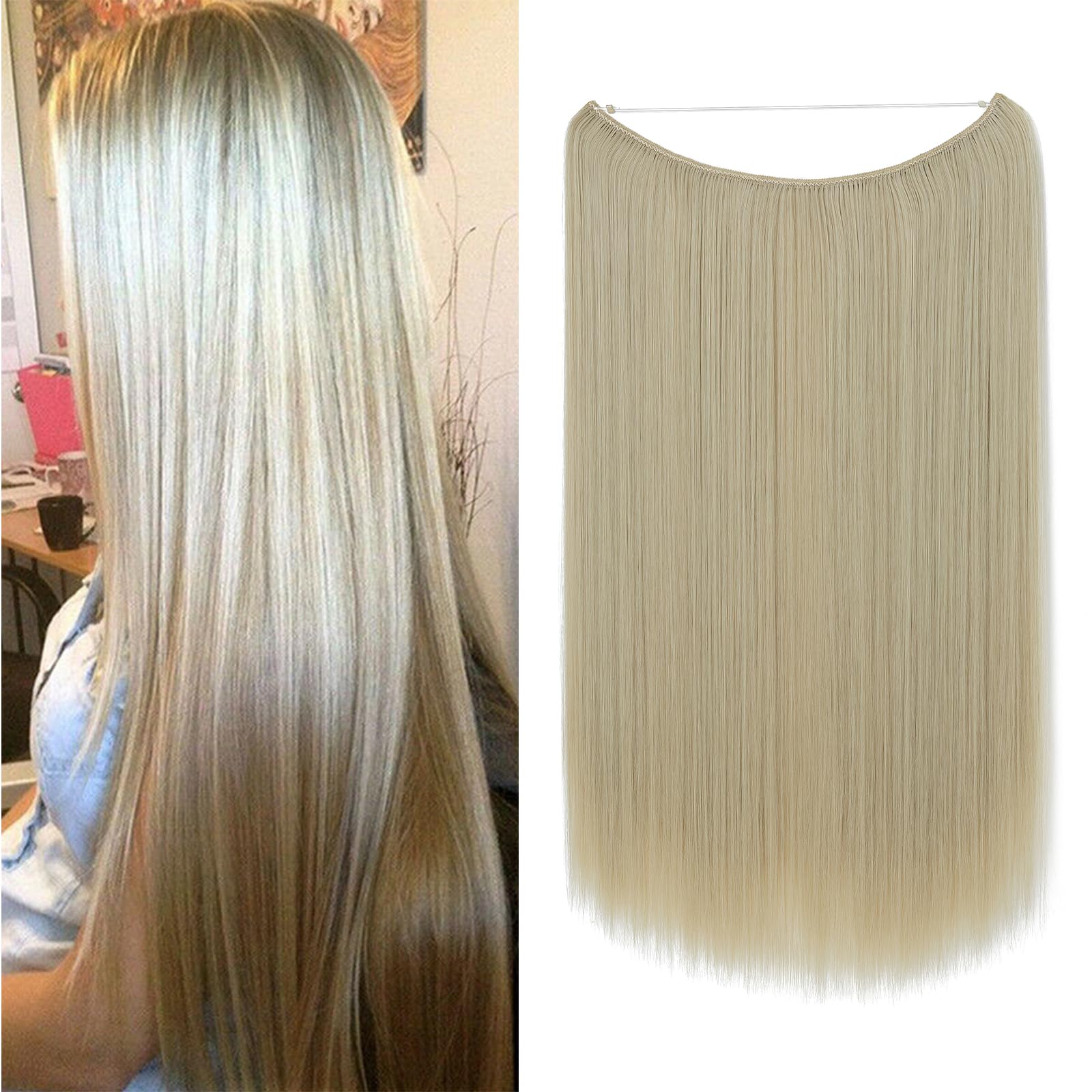 Invisible Secret Hidden Wire in Hair Extensions 20 Inches Long Straight Synthetic No Clip in Hairpieces Miracle Translucent Fish Line Ombre 2 Tone Ash Blonde mix Bleach Blonde