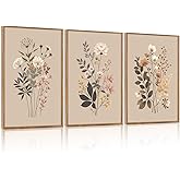 CHDITB Botanical Flower Framed Canvas Wall Art Set Of 3, Modern Nature Wildflower Wall Decor, Rustic Floral Wall Painting, Vintage Flowers Art Prints For Bedroom Living Room Office Decor (12X16 Inch)