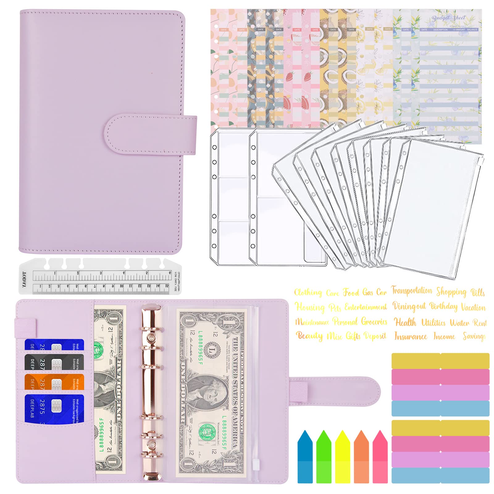 MARICATO Budget Binder, 29pcs A6 Budget Binder with Money Saving Wallet, Money Organizer for Cash, Leather Notebook Budget Planner, Cash Envelopes for Budgeting, Budget Sheets,Label Stickers-Lavender