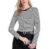 Allegra K Striped t Shirts for Women Long Sleeve Tops Crew Neck Fitted Tees Casual Trendy Outfits