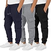 LessonZoo 3 Pack Boy's Cargo Sweatpants Kids Teens Drawstring Running Joggers with Pockets Elastic Waistband Athletic Pants