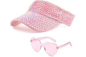 JIANGLAI Sparkling Rhinestone Adjustable Sun Visor Hat with Heart Party Sunglasses for Women, Perfect for Golf, Disco, Cowgirl Style