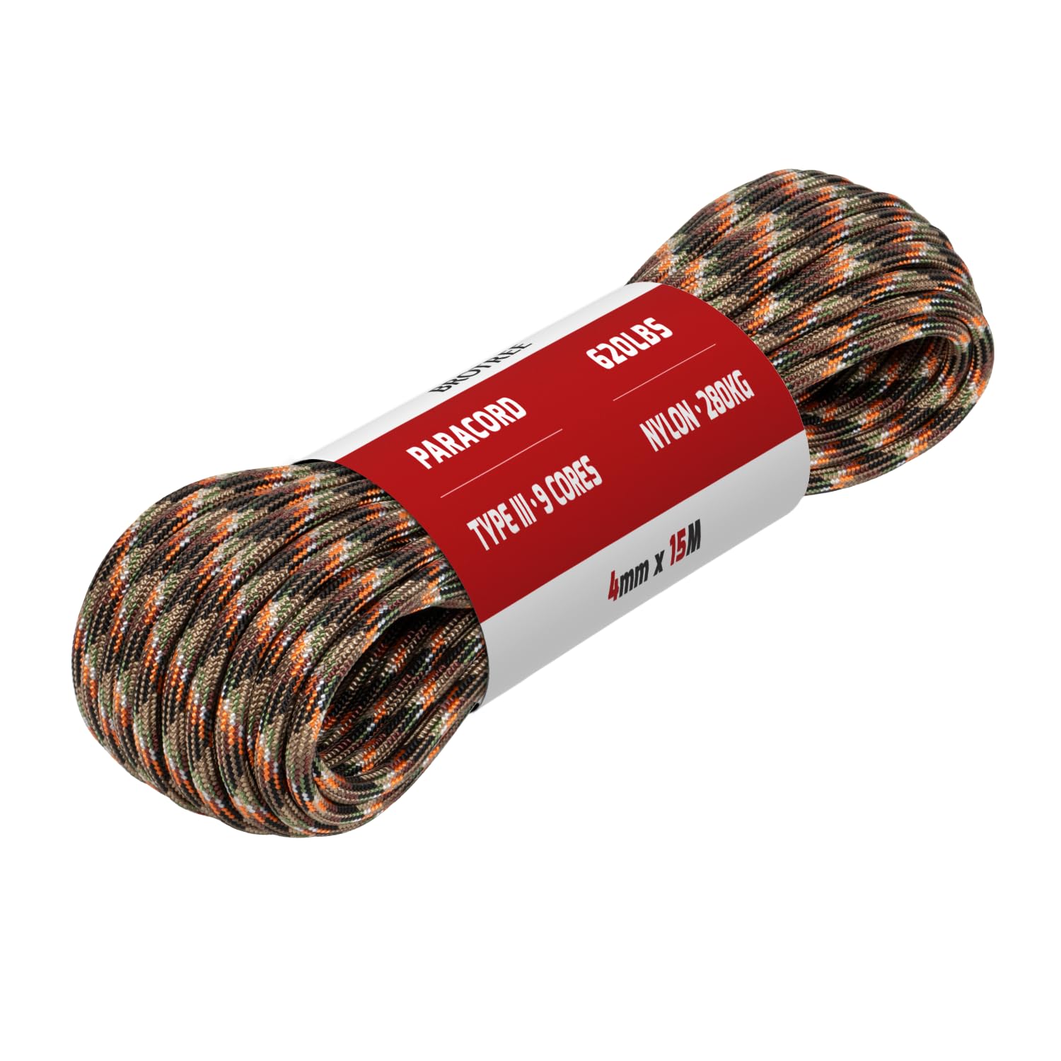 Brotree Paracord 4mm 15M 9 Strands 100% Nylon Rope Type 3 Parachute Cord for Outdoor, Bracelet, DIY - 280kg Breaking Load (Hidden Camo)