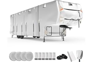 FRUNO Oxford Cloth 5th Wheel RV Cover Fits 29'-33' Waterproof Rip-Resistant Anti-UV Fifth Wheel Toy Hauler Camper Cover for Winter Snow with Jack Cover 4 Tire Covers and Gutter Covers