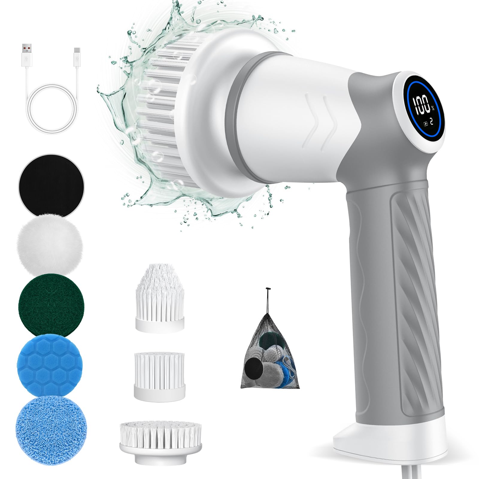 Electric Spin Scrubber cordless,IPX7 Waterproof Electric Cleaning Brush with 7 Replacement Heads, Intelligent 2 Speed Shifting,Electric Scrubber for Bathroom,Kitchen,Tile,Garden,Floor/car (Grau)