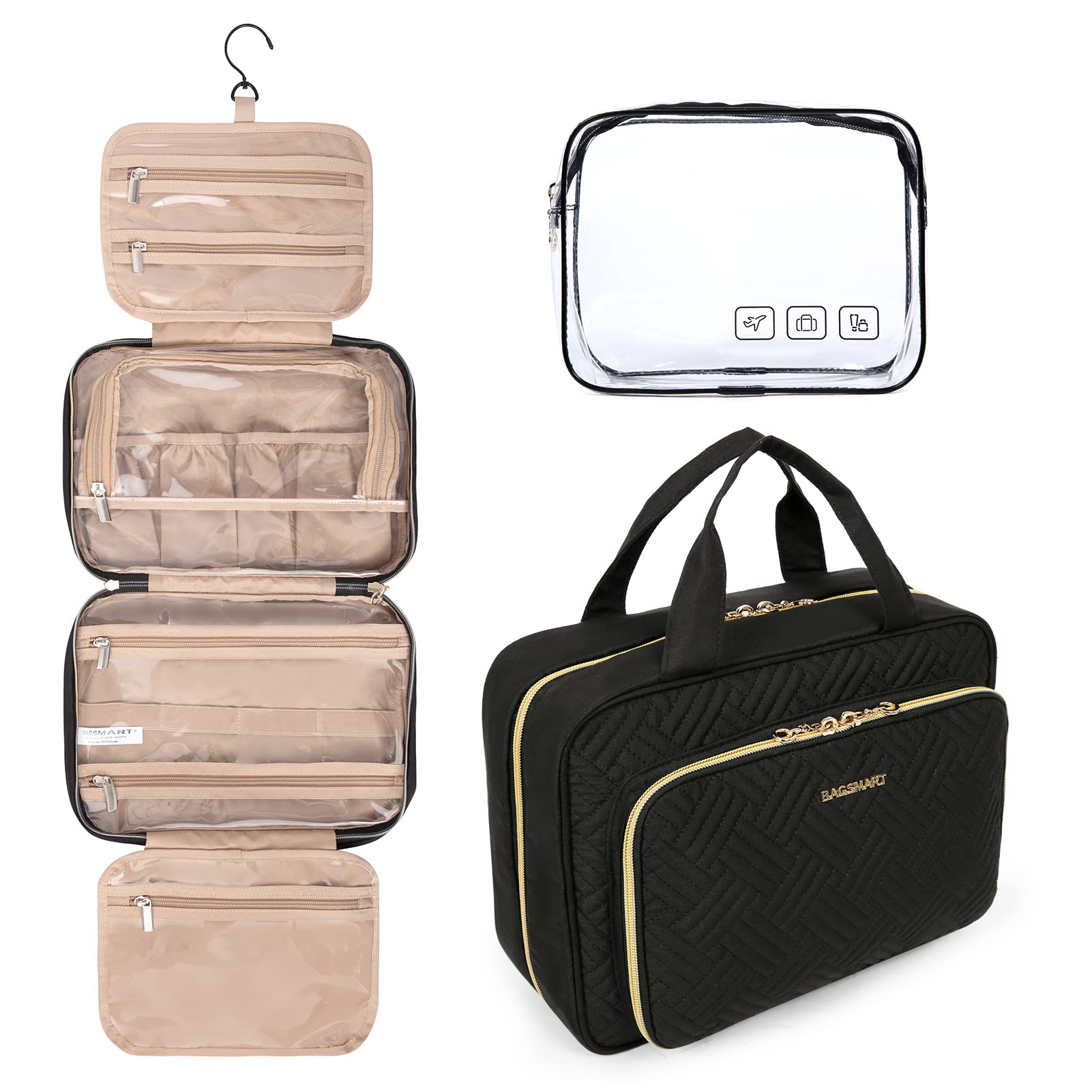BAGSMART Toiletry Bag Hanging Travel Makeup Organizer with TSA Approved Transparent Cosmetic Bag Makeup Bag for Full Sized Toiletries, Large-Black
