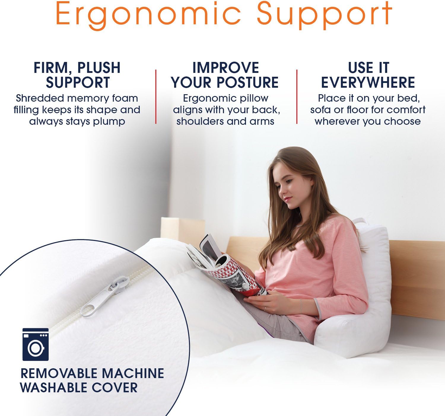 Cheer Collection Foam-Filled TV and Reading Pillow in Ivory with Removable Microplush Washable Cover: Home & Kitchen