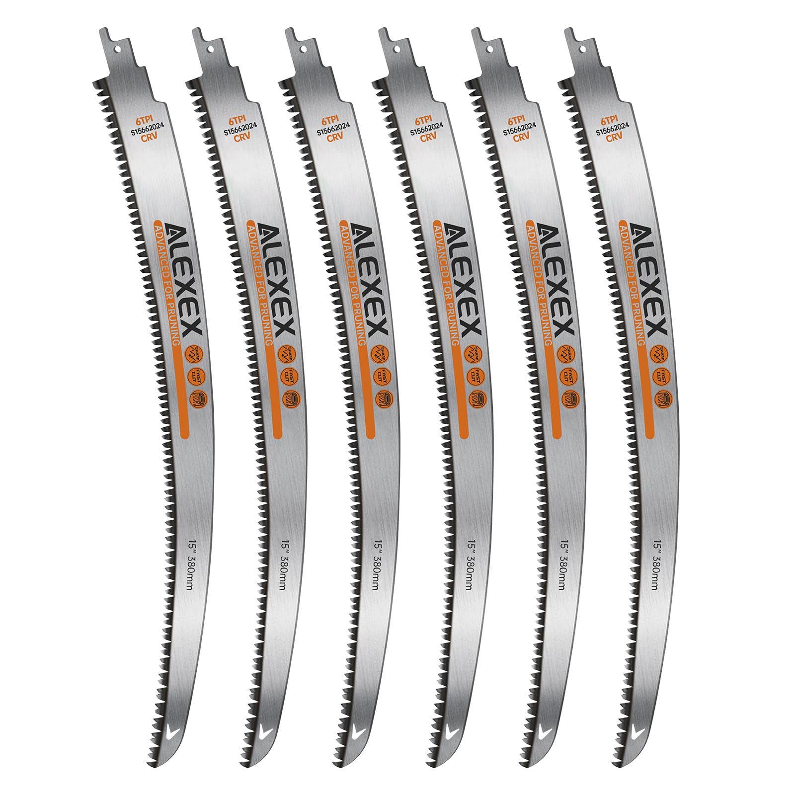 Photo 1 of ALEXEX 6Pcs 15" Japanese Teeth Reciprocating Saw Blades for Wood Cutting and Tree Trimming, 6TPI Arc Curved Wood Sawzall Blades for PVC Pipe Cutting, Cr-V Sabre Sawzall Pruning Blades 15 Inch