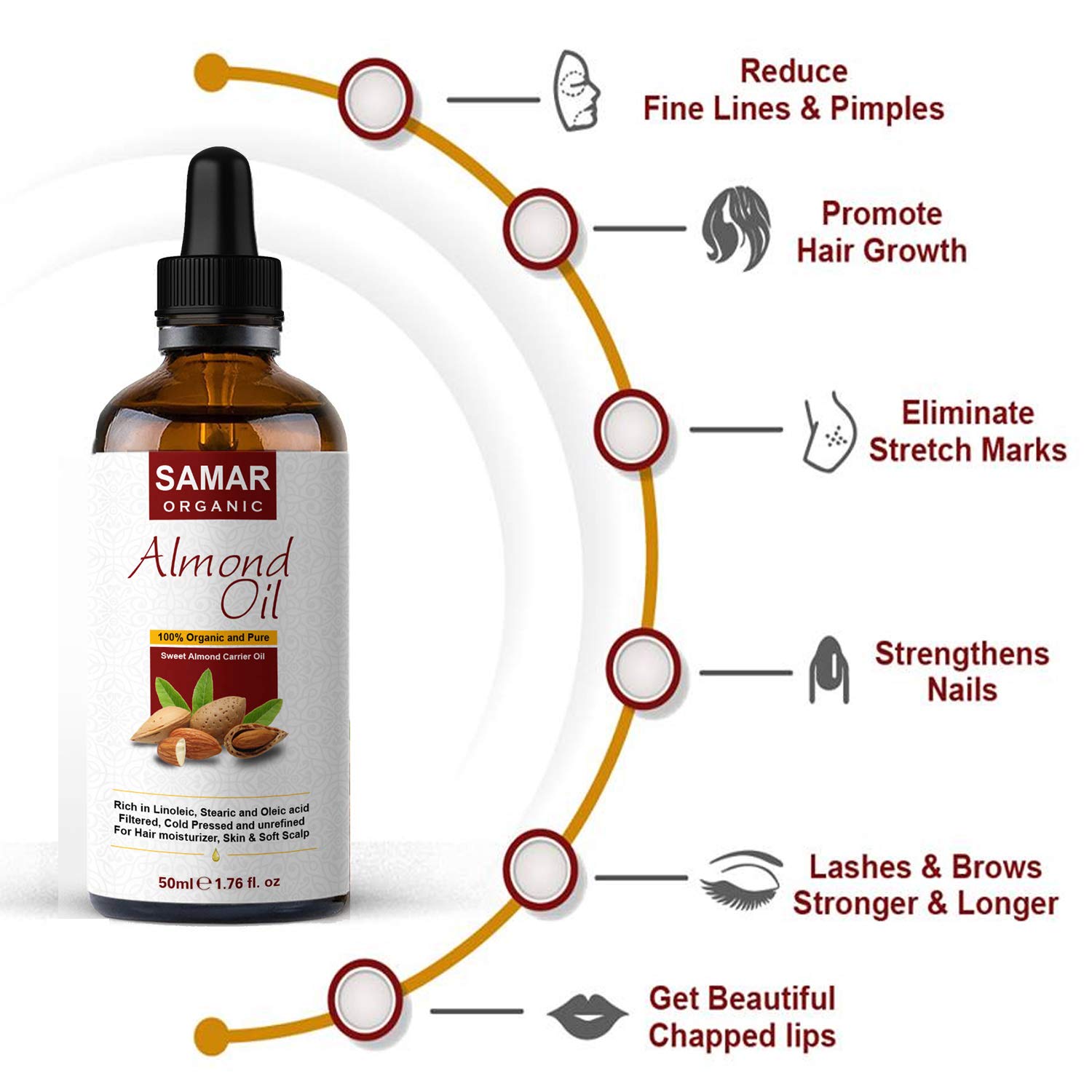 Almond Oil - Premium Quality 100% Pure and Certified Organic Sweet Almond Oil, Cold Pressed, Unrefined, Non-GMO. Ideal for Natural Hair Growth, Face Moisturizer, Makeup Remover and Body Massage 50ml