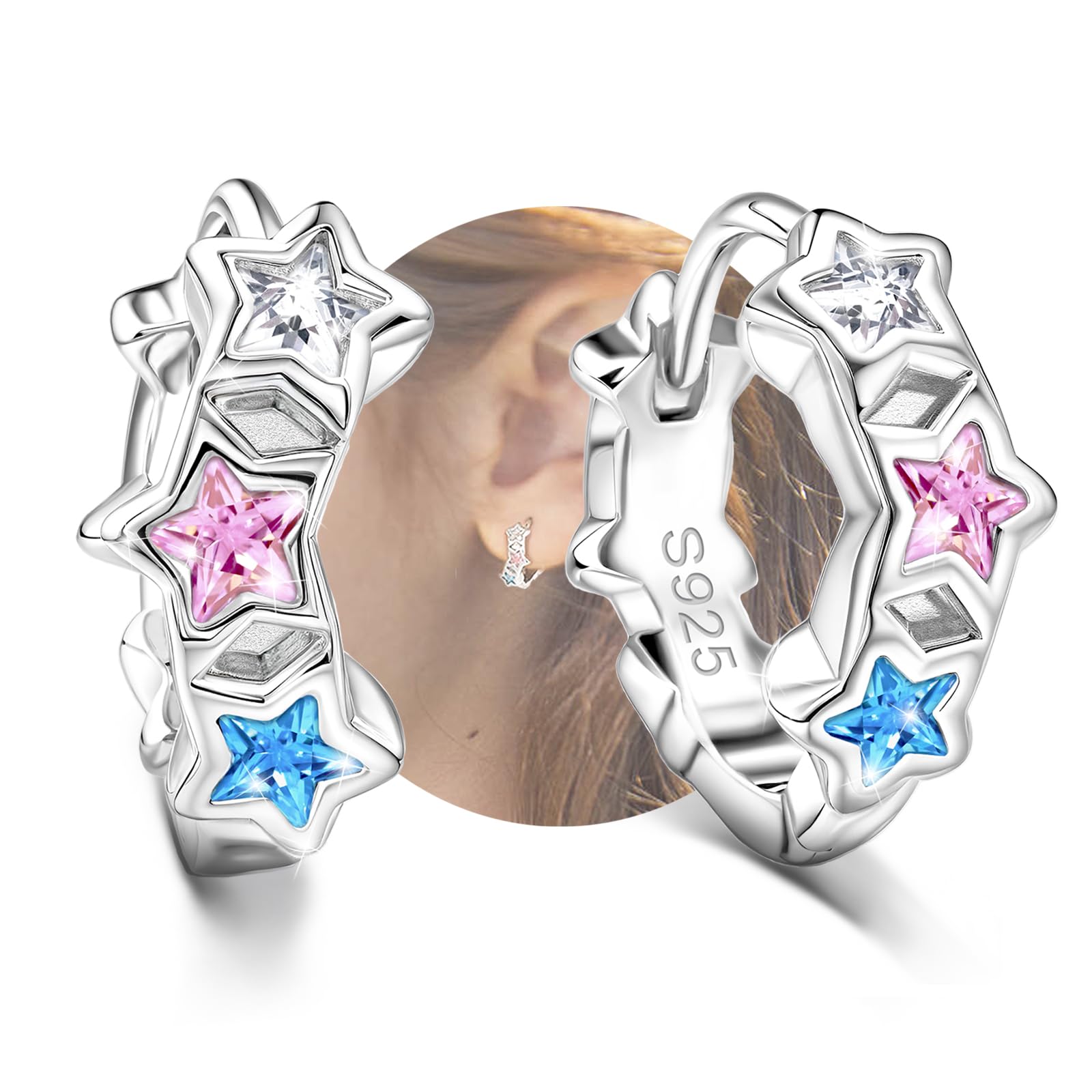 Star Earrings for Girls - Sterling Silver Stars Hoop Earrings for Women Hypoallergenic Colorful Cubic Zirconia Star Shaped Earrings for Teens Lightweight Loop Earring for Daughter Granddaughter Niece