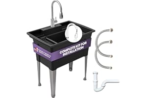 Freestanding Utility Sink with Gooseneck Faucet - 32" Plastic Utility Sink with Steel Legs for Garage, Laundry, Indoor and Ou
