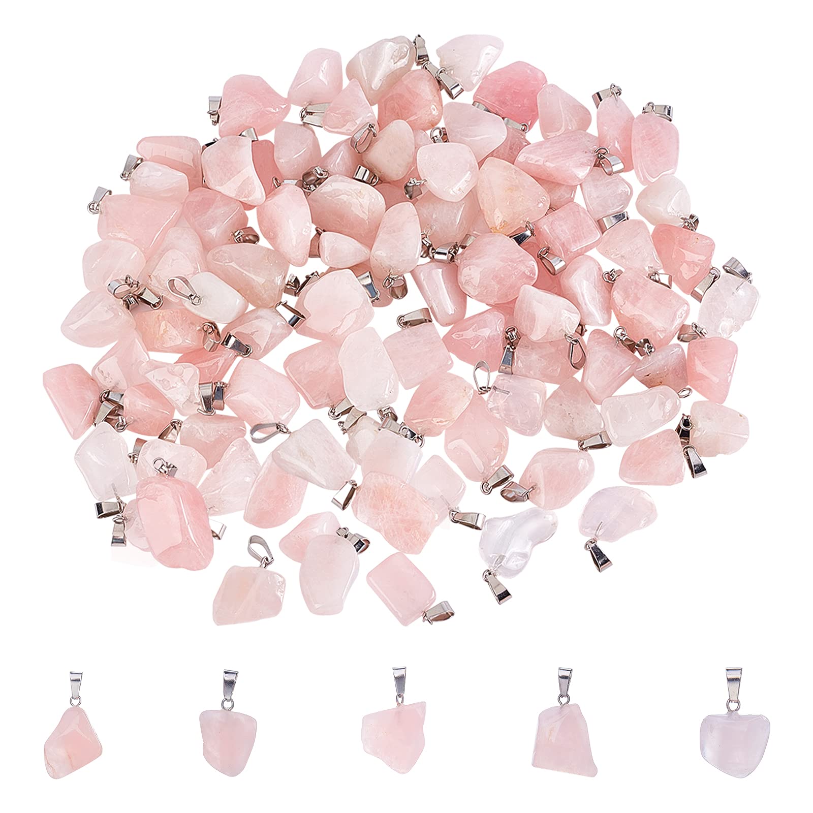 UNICRAFTALE 100pcs Natural Rose Quartz Pendants with Stainless Steel Snap On Bails Nuggets Pendant for Jewelry Bracelet Necklace Making, Hole: 6x4mm