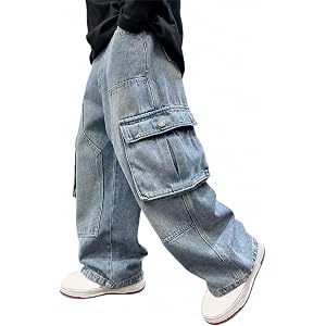 Cargo Wide Leg Denim Pants Boys Kids Y2k Vintage Wash Streetwear Teen Baggy Elastic Waist Jeans Casual School Pocket Trousers