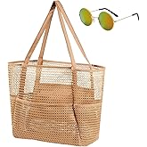 YGFEJSDNSW Mesh Beach Tote with Zipper Pockets, Large Waterproof Beach Tote Bag, with a pair of Sunglasses, Foldable Mesh Swimming Pool Travel Bags, Mothers Day Gifts for Mom (khaki, Large)