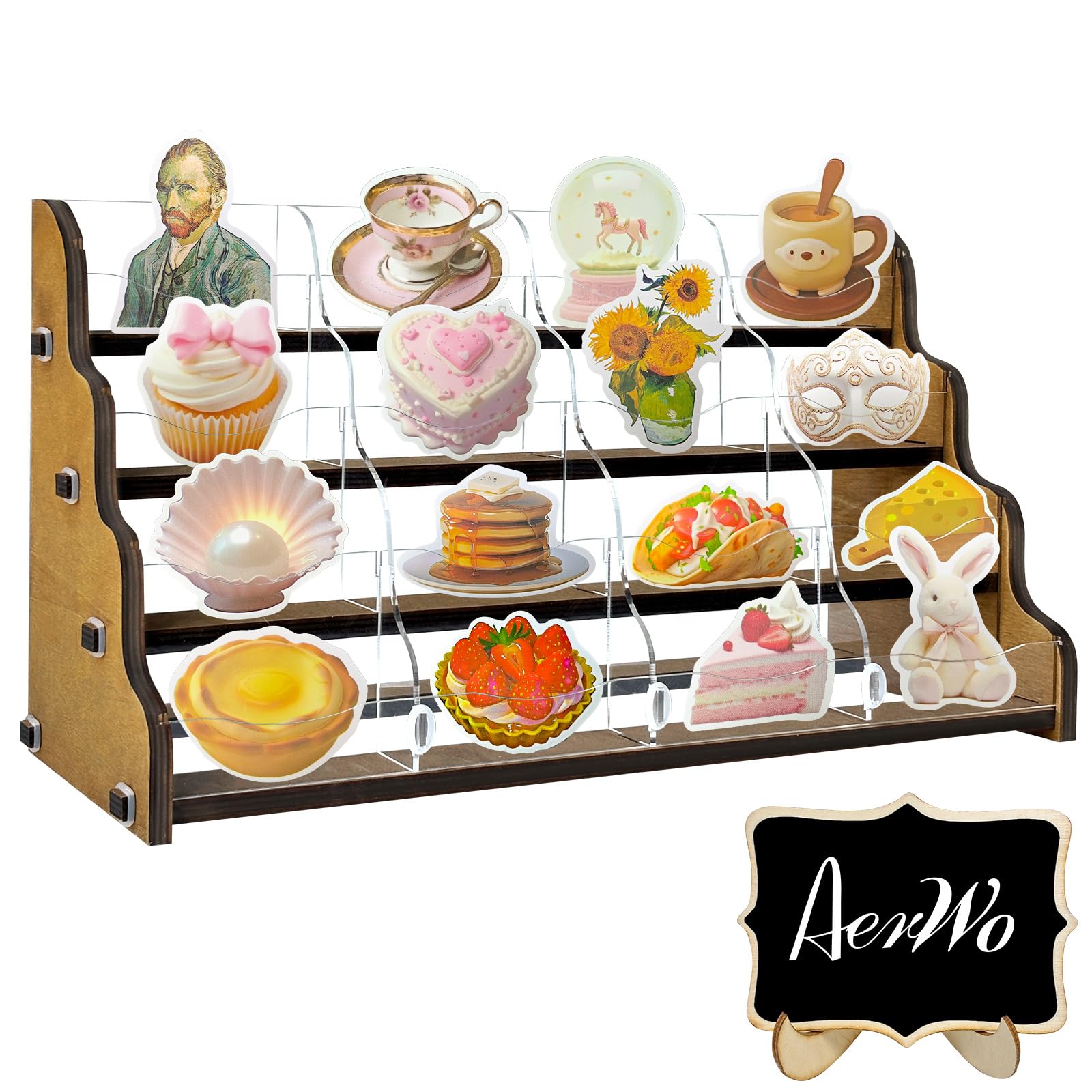 Photo 1 of AerWo Sticker Display Stand, Greeting Card Display Stand for Vendor, 4 Tier 16 Shelves Portable Wooden Stickers Display Rack for Retail Counter Events for Postcard Brochure Photos Picture Display