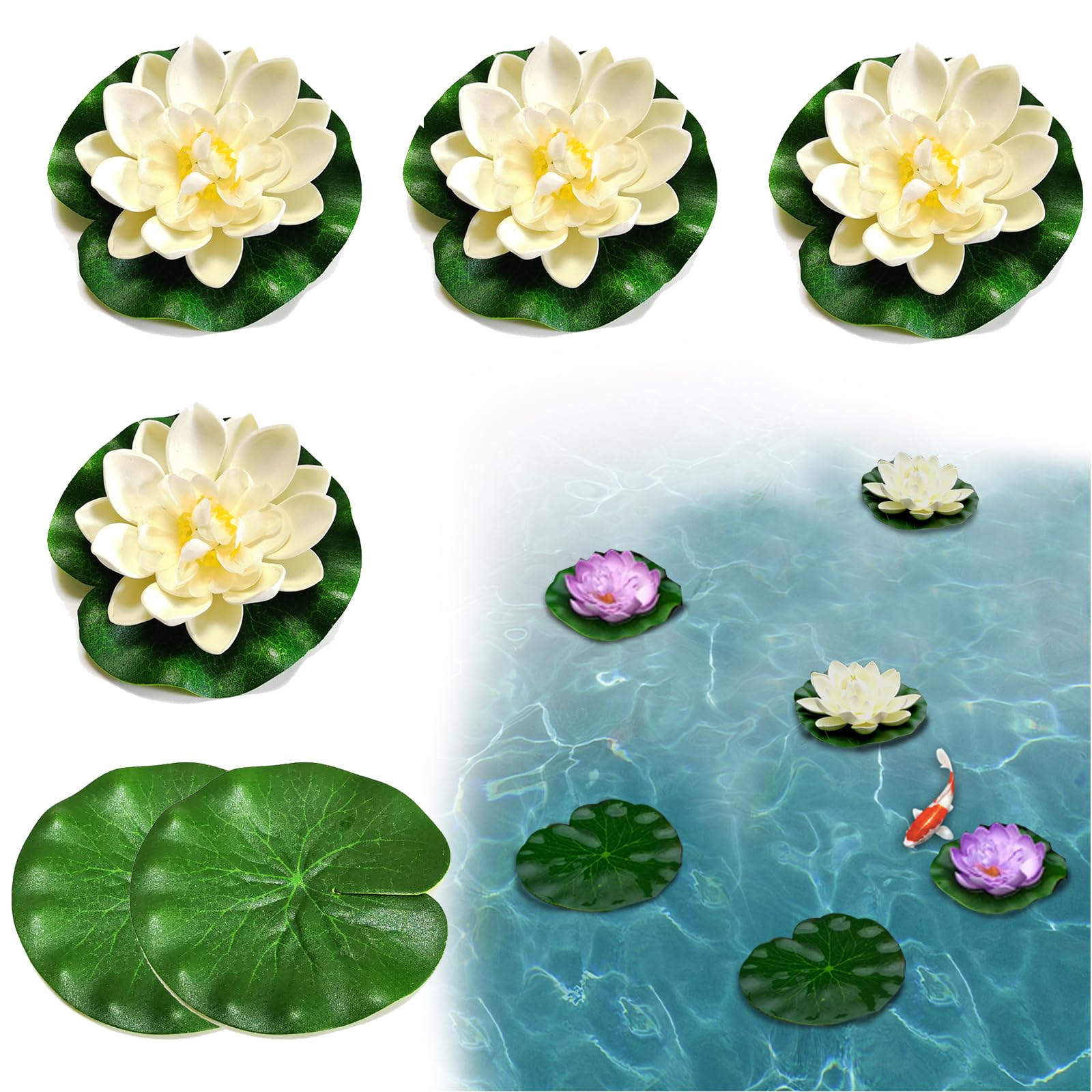 SwirlColor Lotus Flower Lotus Leaves set 6pcs, Realistic Artificial Water Lilies Floating Foam Foliage for Aquarium Pond Pool Decoration - White