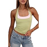 Chicyoo Women's Halter Neck Sexy Top Y2K Color Block Cropped Tank Workout Going Out Sleeveless Backless Summer Camisole
