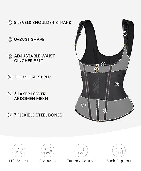 FEELINGIRL WAIST TRAINER FOR WOMEN TUMMY CONTROL WORKOUT HOURGLASS VEST WAIST CINCHER WITH ADJUSTABLE SHOULDER STRAP BLACK M
